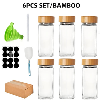 12pcs Glass Spice Jars with Bamboo Lids – Includes Minimalist Labels, Stickers & Funnel, Kitchen Spice Jar Set