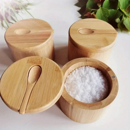 Bamboo Salt & Pepper Seasoning Jars Set – Wooden Condiment Boxes with Lids, Multi-Bowl Storage Pots for Sugar & Spices