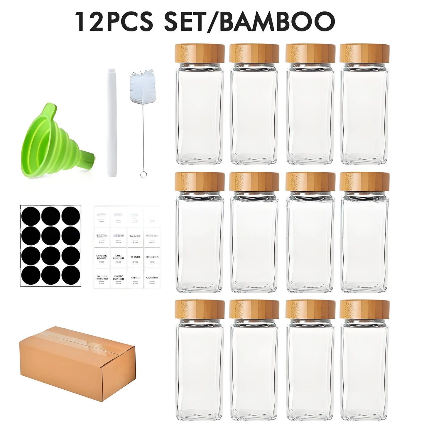 12pcs Glass Spice Jars with Bamboo Lids – Includes Minimalist Labels, Stickers & Funnel, Kitchen Spice Jar Set