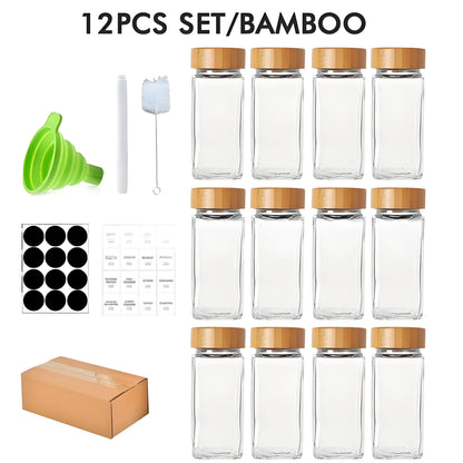 12pcs Glass Spice Jars with Bamboo Lids – Includes Minimalist Labels, Stickers & Funnel, Kitchen Spice Jar Set