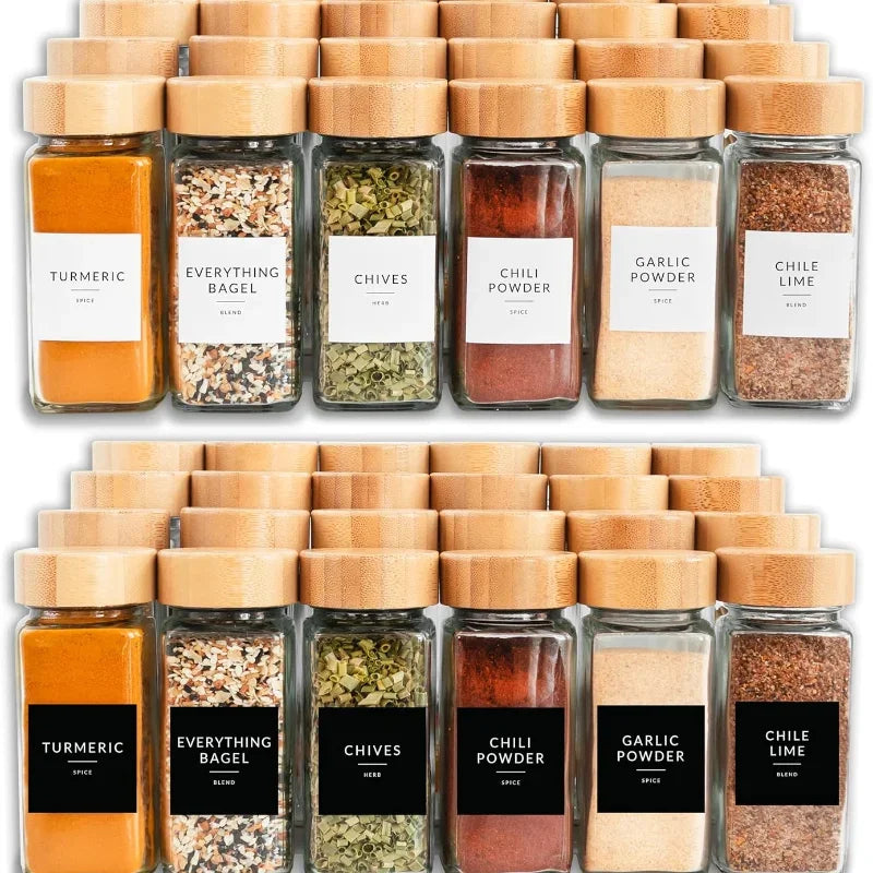 12pcs Glass Spice Jars with Bamboo Lids – Includes Minimalist Labels, Stickers & Funnel, Kitchen Spice Jar Set