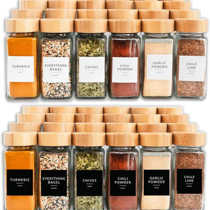 12pcs Glass Spice Jars with Bamboo Lids – Includes Minimalist Labels, Stickers & Funnel, Kitchen Spice Jar Set