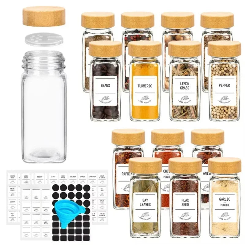 12pcs Glass Spice Jars with Bamboo Lids – Includes Minimalist Labels, Stickers & Funnel, Kitchen Spice Jar Set