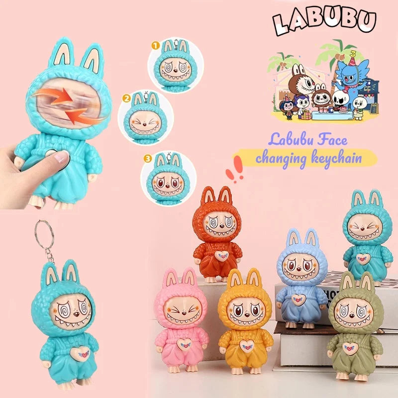 "NEW Labubu Face Changing Doll Keychain – Pop Mart Cartoon Stress Relief Toy | Kawaii Pendant Bag Charm | Cute Gift for Kids & Collectors"