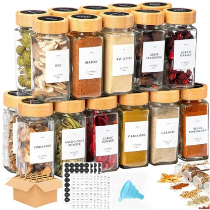 12pcs Glass Spice Jars with Bamboo Lids – Includes Minimalist Labels, Stickers & Funnel, Kitchen Spice Jar Set